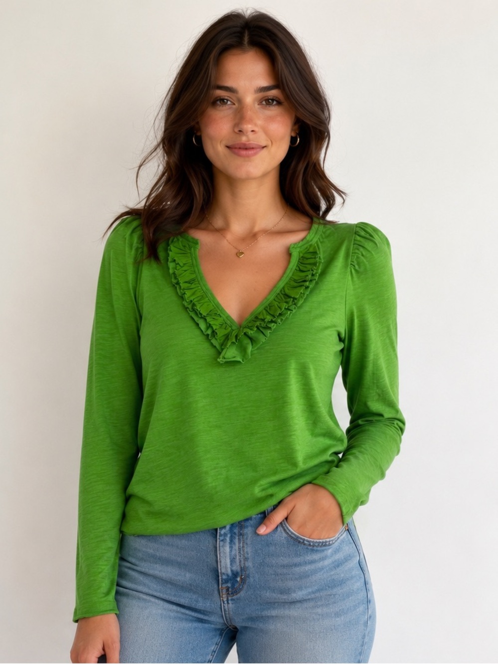 Nation LTD Valita Ruffle Split Neck Shirt Green Size M Puff Sleeve Peru